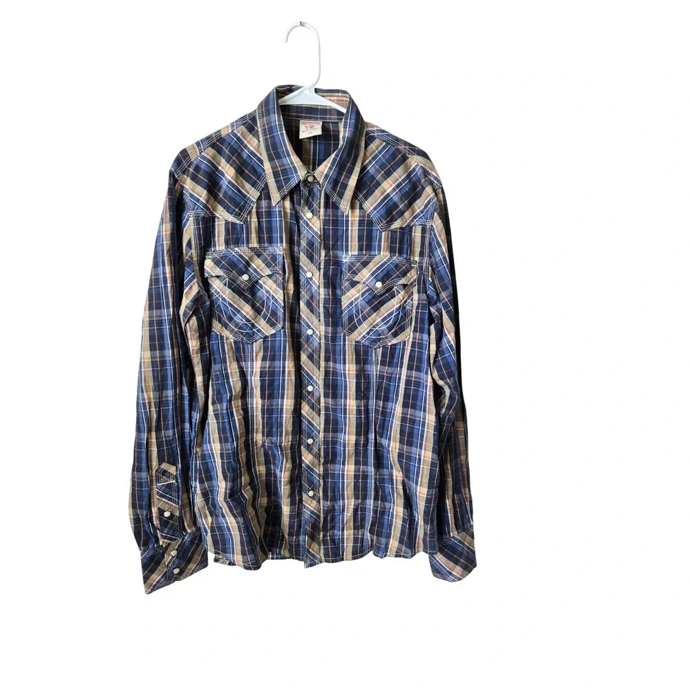 True Religion Mens Western Snap Plaid Shirt Navy Tan ML4BL68MNT XXL